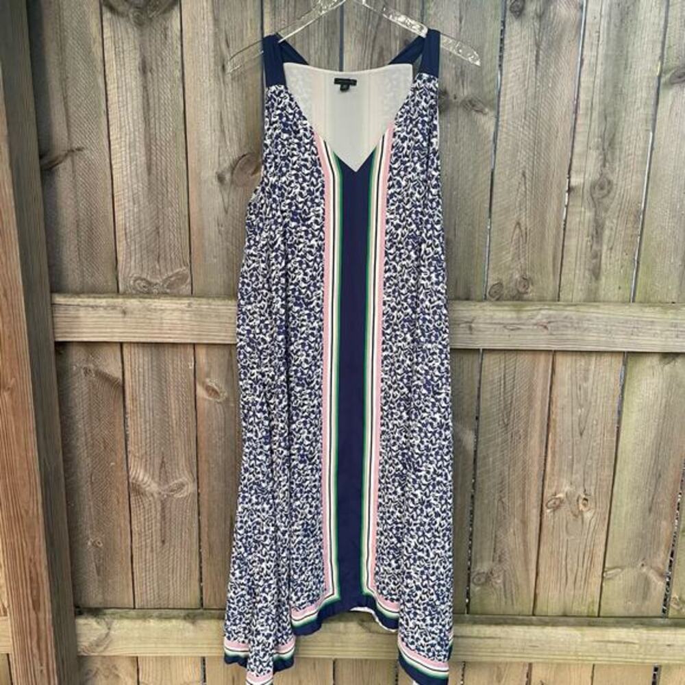 Ann Taylor Blue‎ Floral Stripe Sleeveless Handkerchief Trapeze Swing Dress XXL